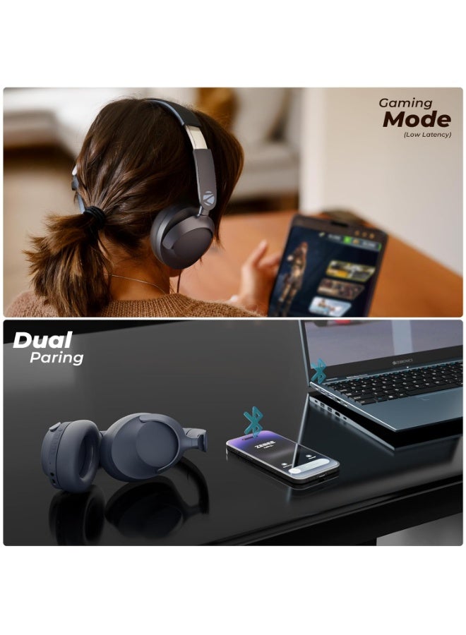 ZEBRONICS Silencio 111,Over Ear Wireless Headphone,Hybrid ANC (50dB),55*Hrs Backup,Transparency Mode,40mm Titanium Drivers,3 EQ Modes,ENC,Gaming Mode,Dual Pairing,Rapid Charge,Bluetooth v5.4 (Blue) - Image 3